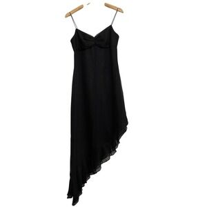 Phoebe Black 100% Silk Glitter Asymmetrical Ruffle Midi Dress Womens 6 babydoll